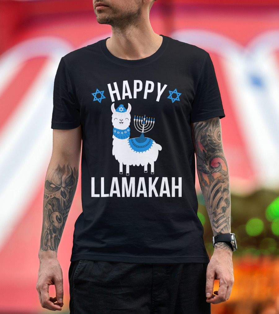 Happy Llamakah Llama with Menorah and Stars of David Hanukkah T-Shirt