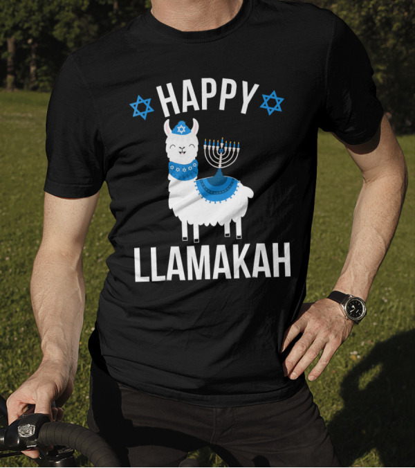 Happy Llamakah Llama With Menorah And Stars Of David Hanukkah T-Shirt
