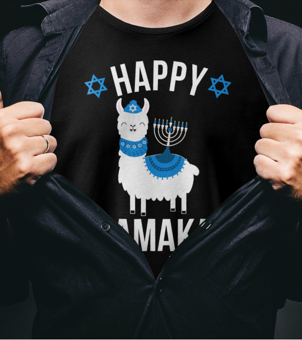 Happy Llamakah Llama With Menorah And Stars Of David Hanukkah T-Shirt