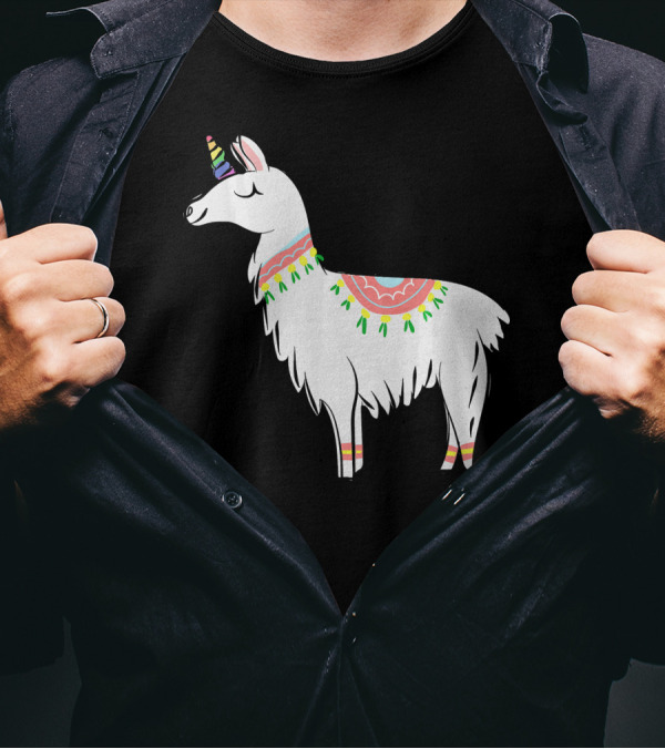 Funny Unicorn Llama Alpaca With Colorful Decorations T-Shirt