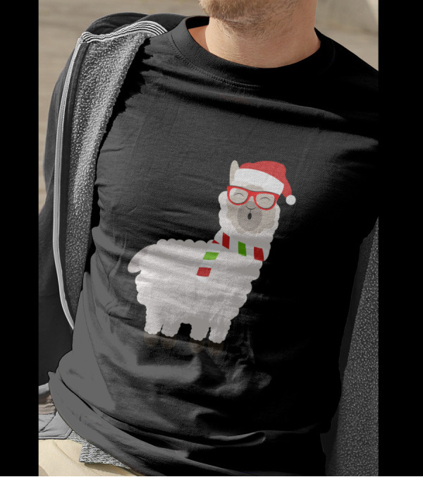 Fa La La Llama Cute Alpaca Ugly Christmas Santa Hat Glasses Scarf T-Shirt