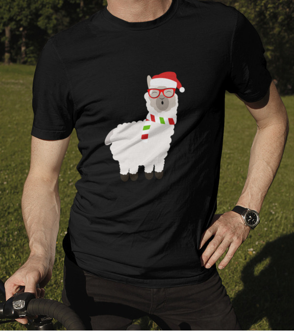 Fa La La Llama Cute Alpaca Ugly Christmas Santa Hat Glasses Scarf T-Shirt