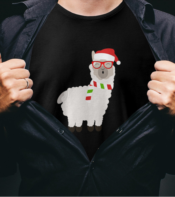 Fa La La Llama Cute Alpaca Ugly Christmas Santa Hat Glasses Scarf T-Shirt