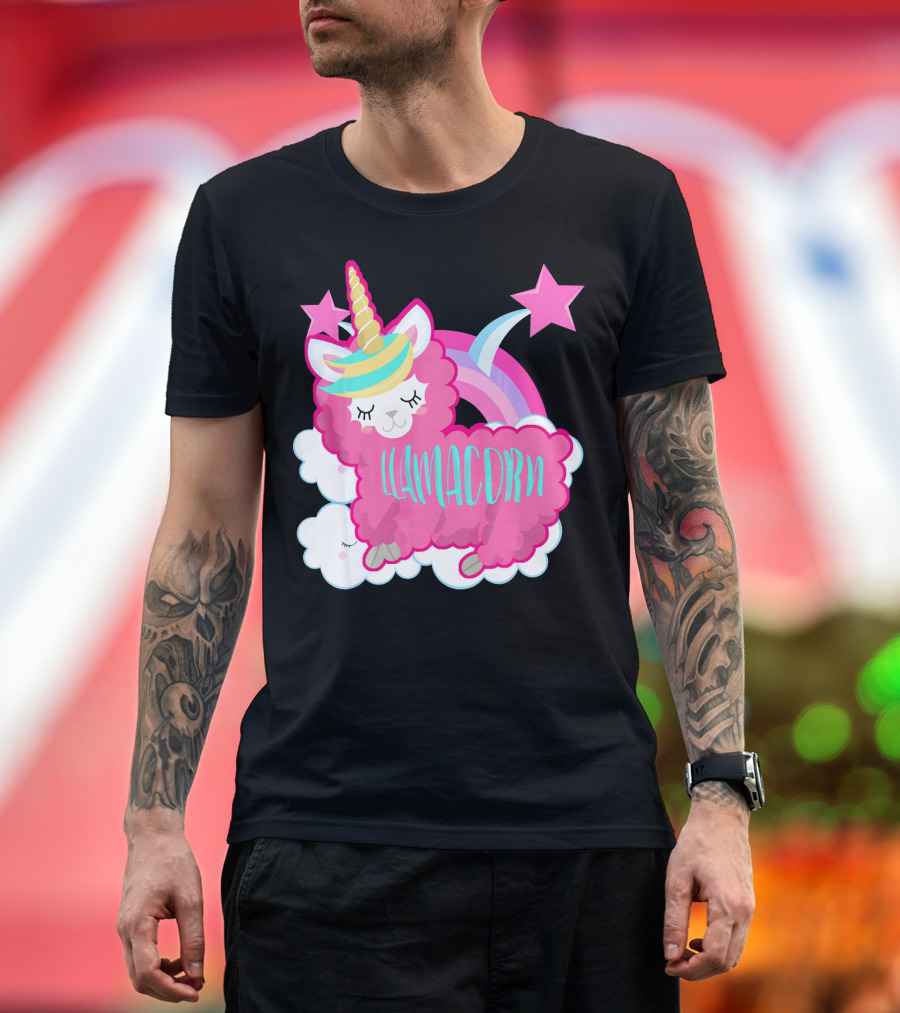 Llamacorn Pink Llama Unicorn Rainbow Stars T-Shirt