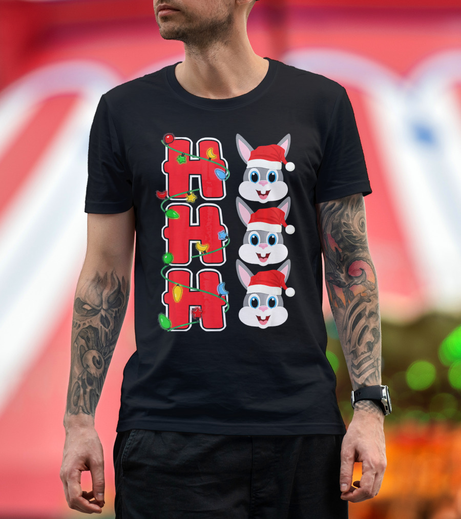 Ho Ho Ho Santa Rabbit Christmas Lights Red Hat T-Shirt