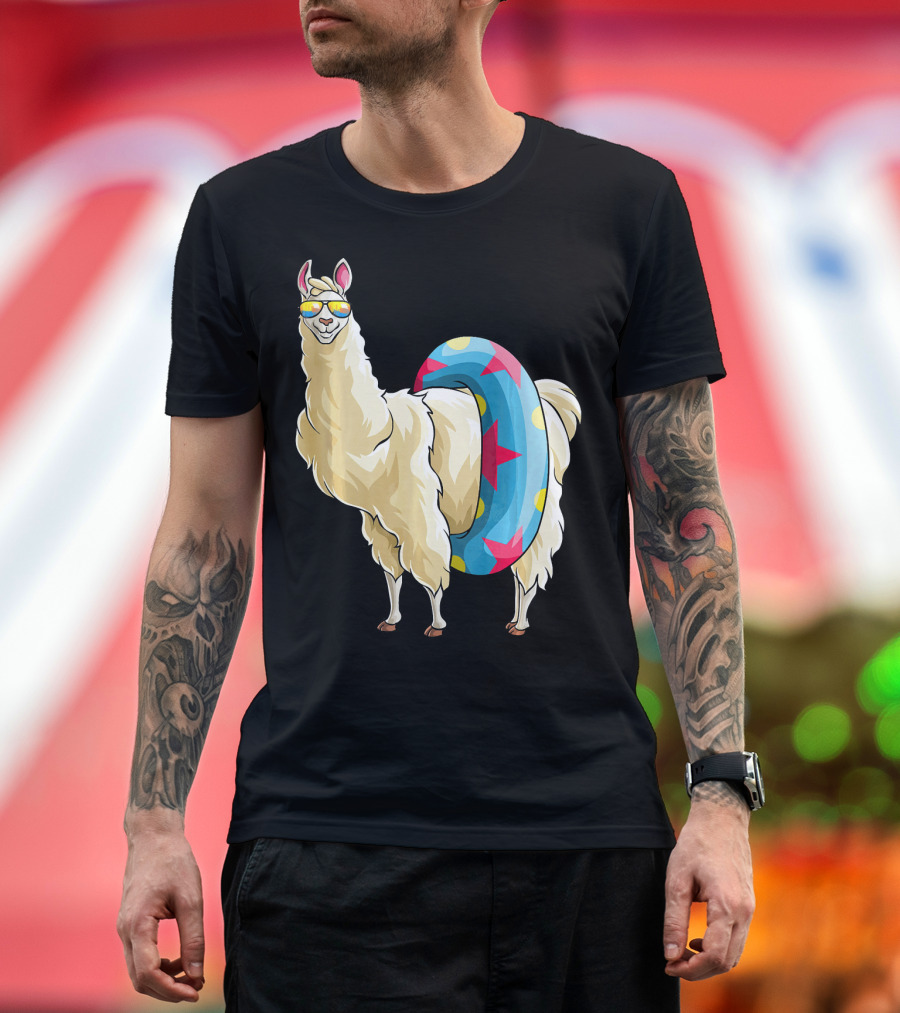 Llama Alpaca Tropical Summer Swimming with Sunglasses and Float Tube T-Shirt