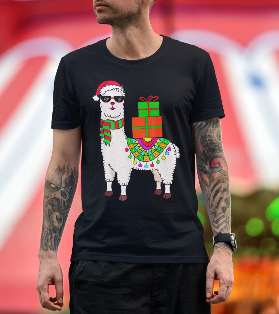 Llama Alpaca Xmas Santa Hat Sunglasses Festive Presents T-Shirt