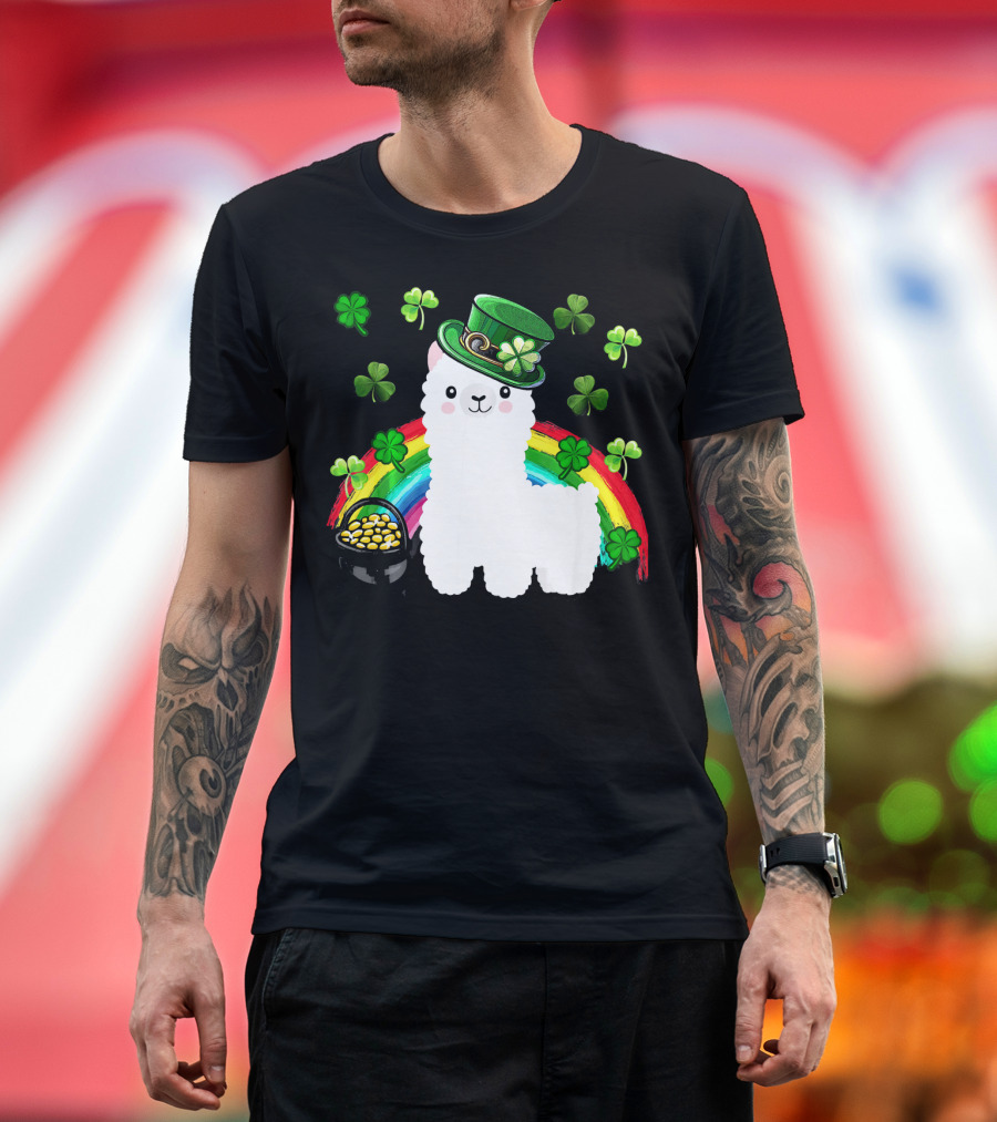 Llama Alpaca Leprechaun St. Patrick's Day Rainbow Clover Hat Gold T-Shirt