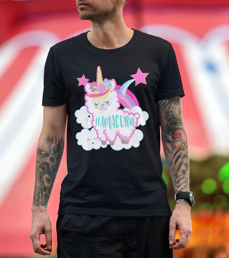 Llamacorn Unicorn Llama with Rainbow and Stars T-Shirt