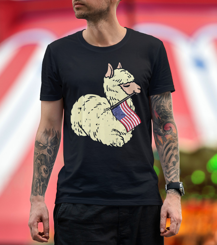 Llama Holding American Flag Cute Alpaca T-Shirt
