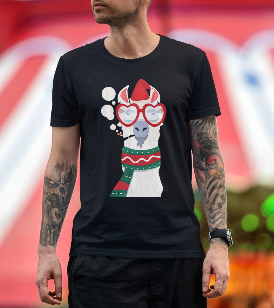 Llama Alpaca Santa Hat Smoking Christmas Glasses Scarf T-Shirt