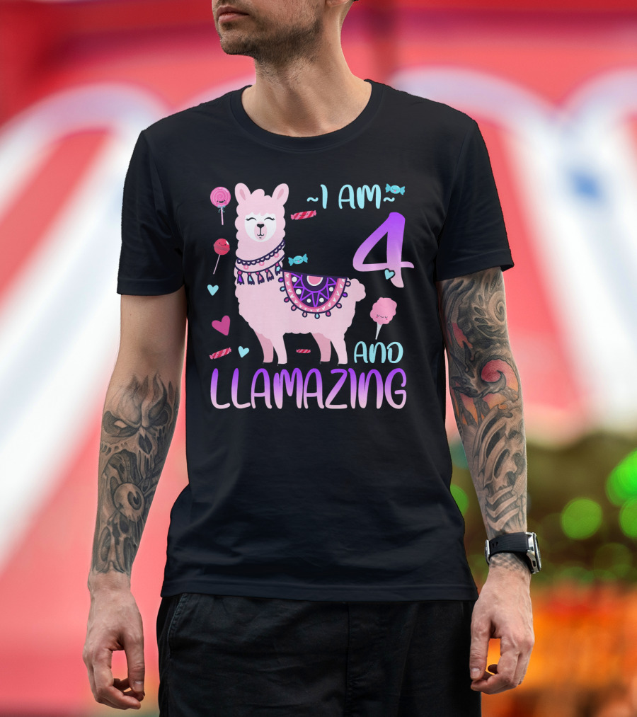 I Am 4 Years Old and Llamazing with Llama and Candy Elements T-Shirt