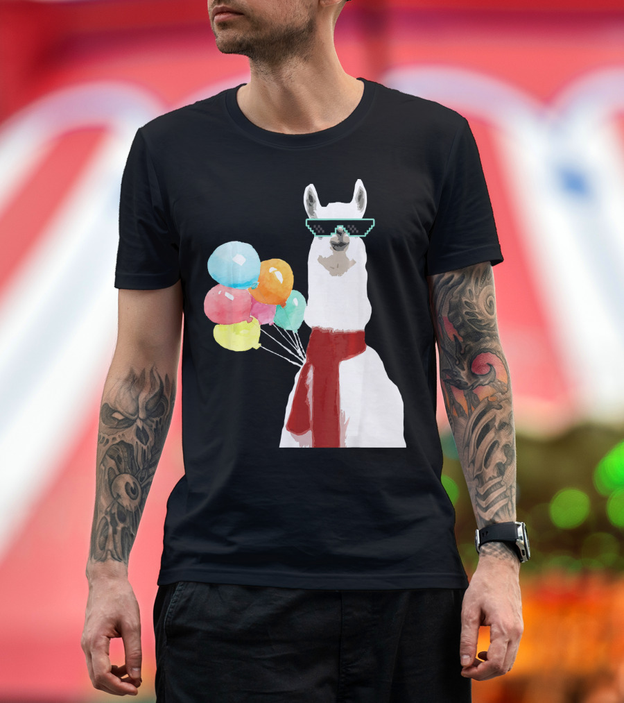 Llama Alpaca Sunglasses Funny Cool Lama with Colorful Balloons T-Shirt