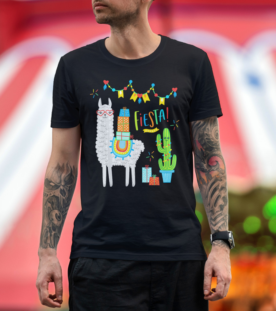 Fiesta Llama Birthday Celebration with Alpaca and Cactus Decorations T-Shirt