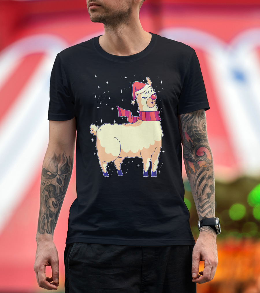 Llama Alpaca Christmas Reindeer Santa Hat Scarf Snowflakes T-Shirt