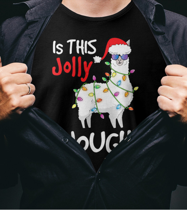 Is This Jolly Enough Llama With Santa Hat And Holiday Lights T-Shirt