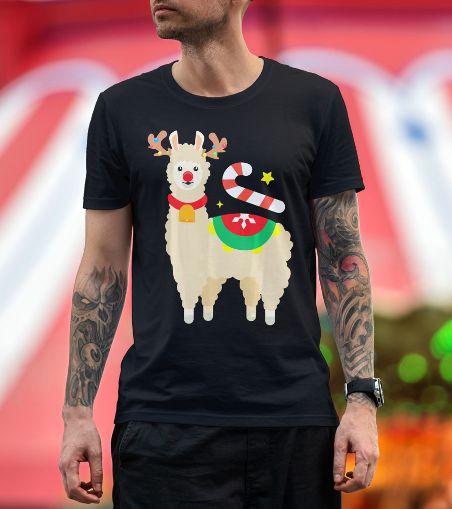 Llama Reindeer Funny Cute Alpaca Lover Christmas Candy Cane Antlers T-Shirt