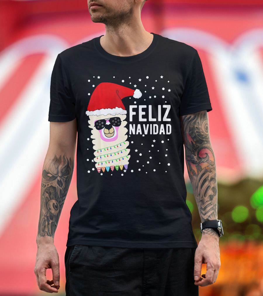 Feliz Navidad Funny Llama Alpaca Christmas Santa Hat T-Shirt