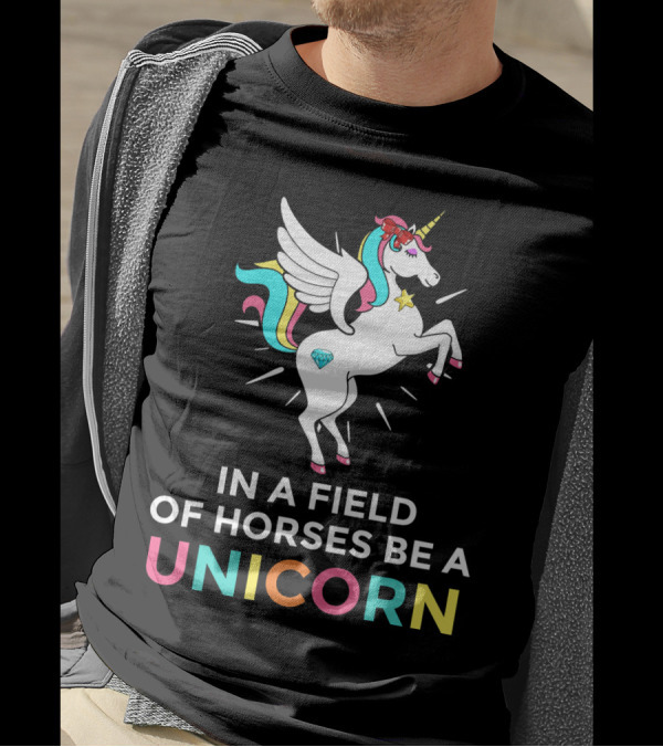 In A Field Of Horses Be A Unicorn Colorful Winged Unicorn Diamond Star T-Shirt