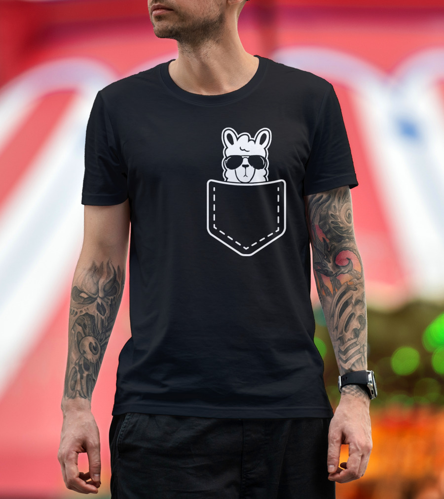 Llama Inside Pocket Wearing Sunglasses Alpaca Fun T-Shirt