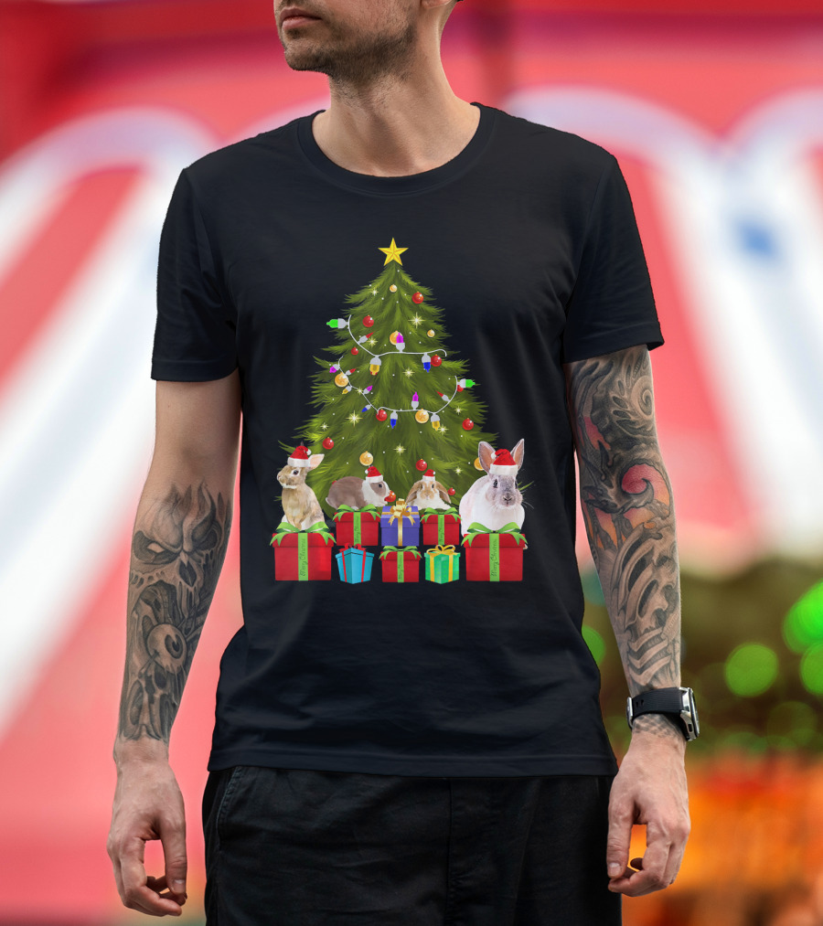 Santa Rabbits with Christmas Tree Lights and Presents T-Shirt
