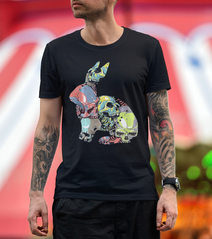RABBIT Halloween Skeleton Skull Colorful Skulls Art Collage T-Shirt