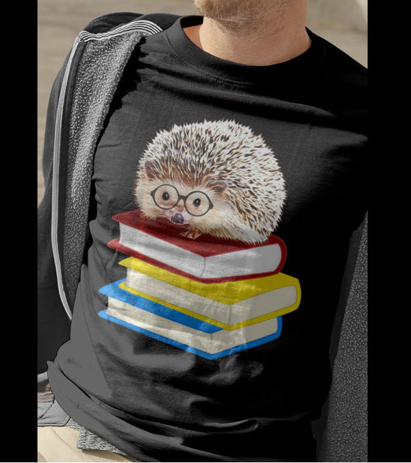 Totally Adorable Hedgehog Book Nerd Stack Of Colorful Books With Glasses T-Shirt