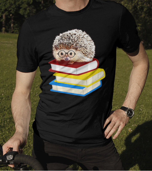 Totally Adorable Hedgehog Book Nerd Stack Of Colorful Books With Glasses T-Shirt