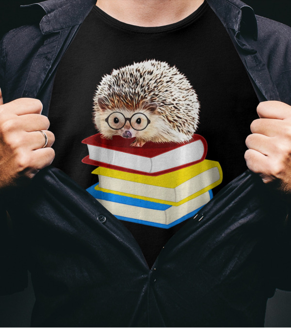 Totally Adorable Hedgehog Book Nerd Stack Of Colorful Books With Glasses T-Shirt