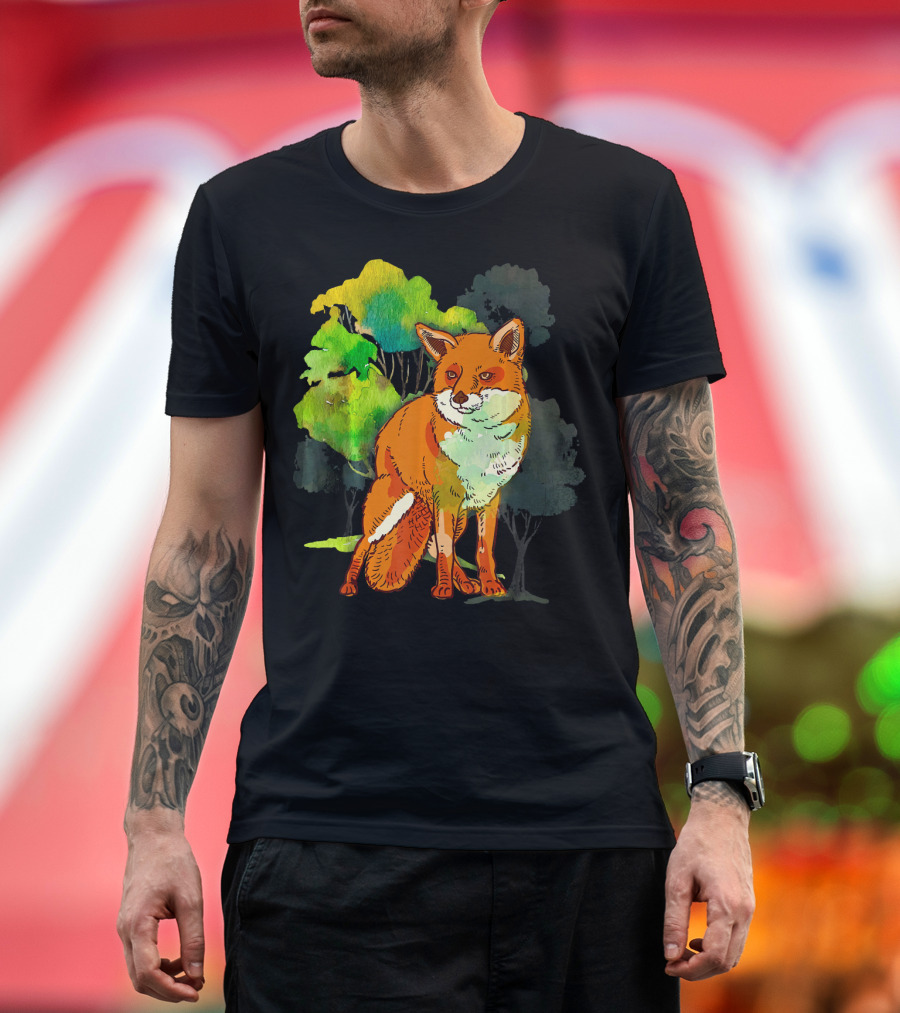 Tree Fox Colorful Animal Forest Scene T-Shirt