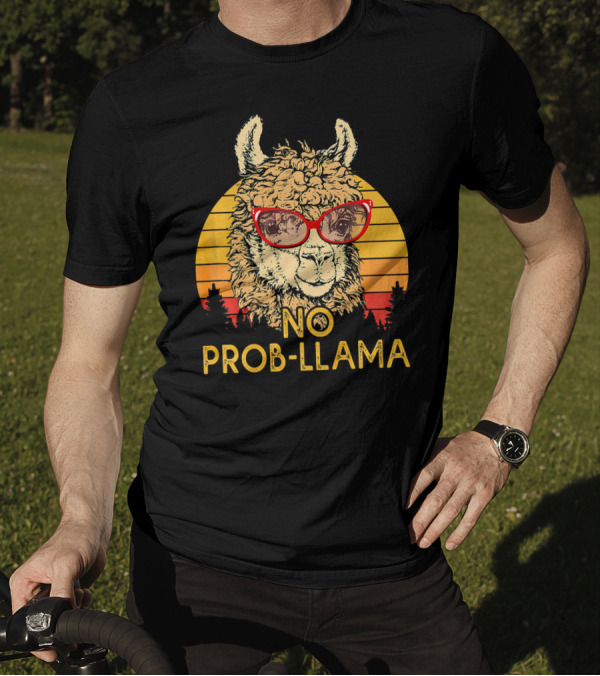NO PROB LLAMA Retro Funny Llama Alpaca With Sunglasses Vintage Sunset T-Shirt