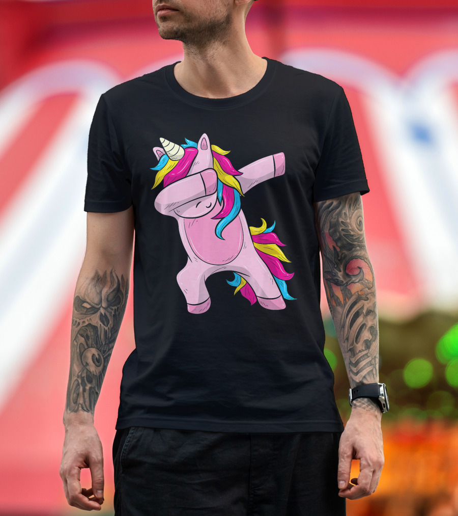 Pink Dabbing Unicorn with Rainbow Mane T-Shirt
