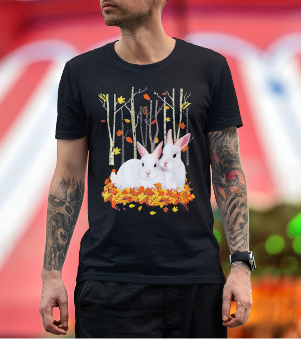 Premium T-Shirt: Rabbit Autumn Forest Hear Duo in Fall Leaves T-Shirt Rabbit Autumn Forest Hear Duo in Fall Leaves T-Shirt