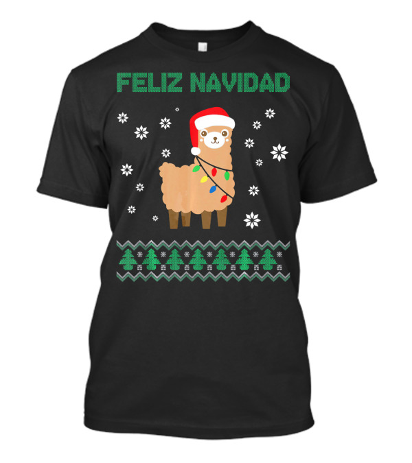 Feliz Navidad Ugly Christmas Llama Alpaca With Santa Hat And Lights T-Shirt