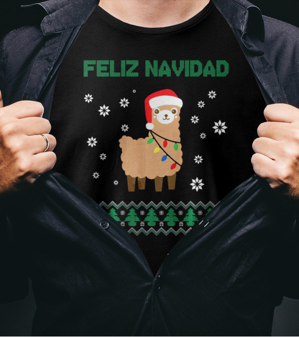 Feliz Navidad Ugly Christmas Llama Alpaca With Santa Hat And Lights T-Shirt