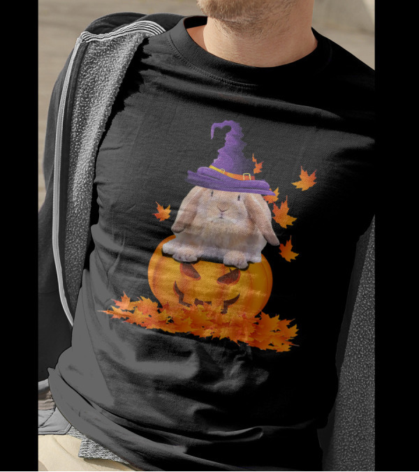 Pumpkin Witch Hat Rabbit Surrounded By Maple Leaves T-Shirt