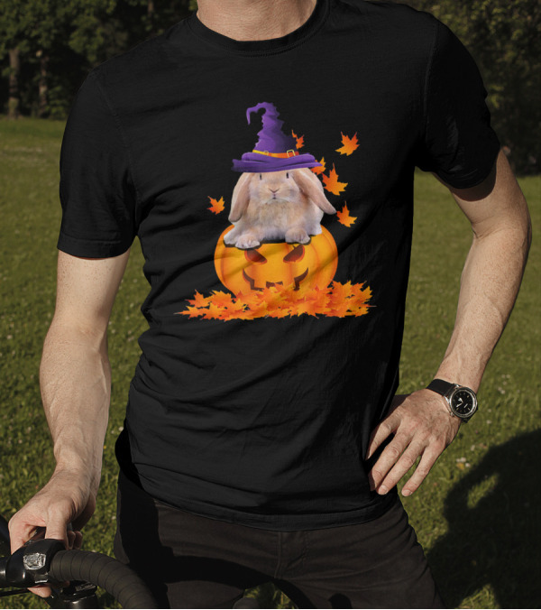 Pumpkin Witch Hat Rabbit Surrounded By Maple Leaves T-Shirt