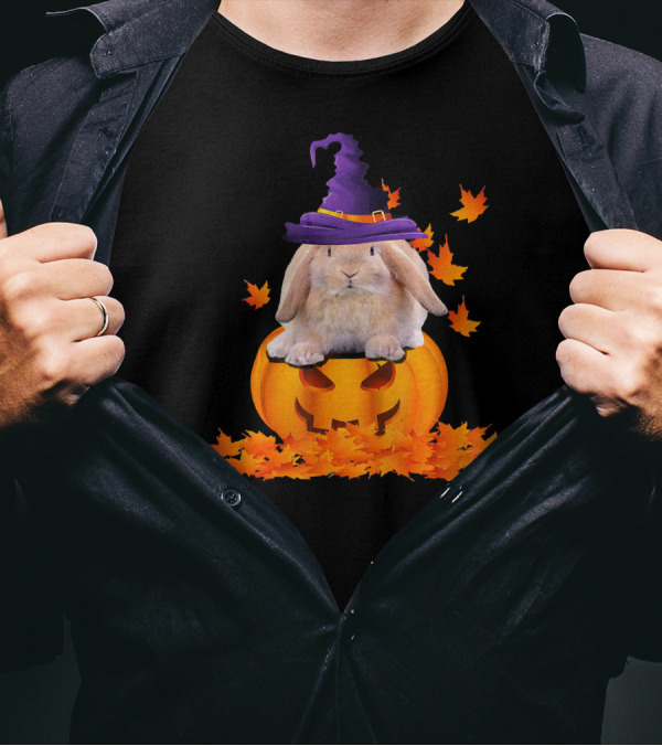 Pumpkin Witch Hat Rabbit Surrounded By Maple Leaves T-Shirt