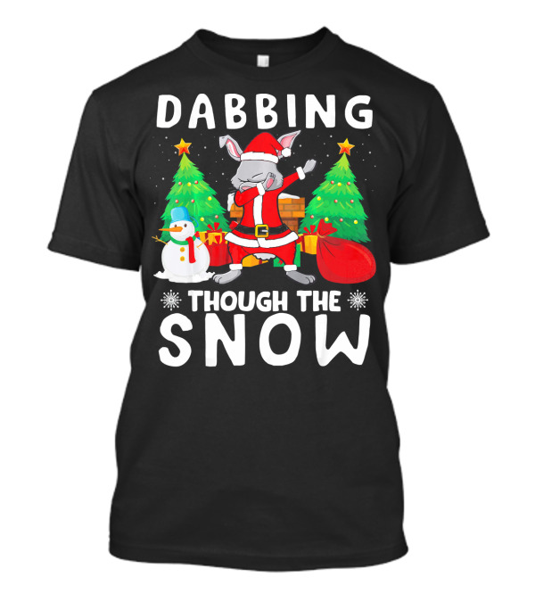 Dabbing Through The Snow Rabbit Christmas Scene With Santa Hat And Gifts T-Shirt