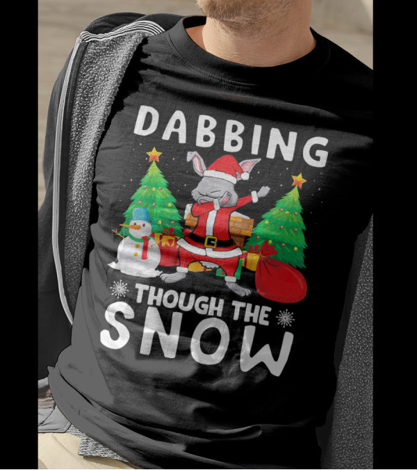 Dabbing Through The Snow Rabbit Christmas Scene With Santa Hat And Gifts T-Shirt