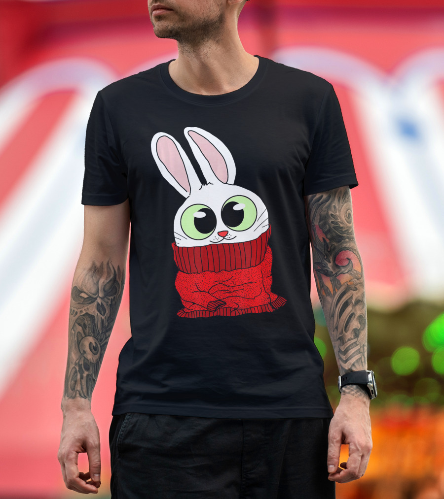 Sweet Fluffy Bunny in Cozy Red Sweater with Big Green Eyes T-Shirt