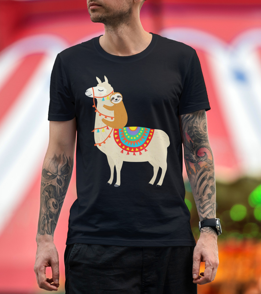 Sloth Hugging Llama with Colorful Blanket T-Shirt