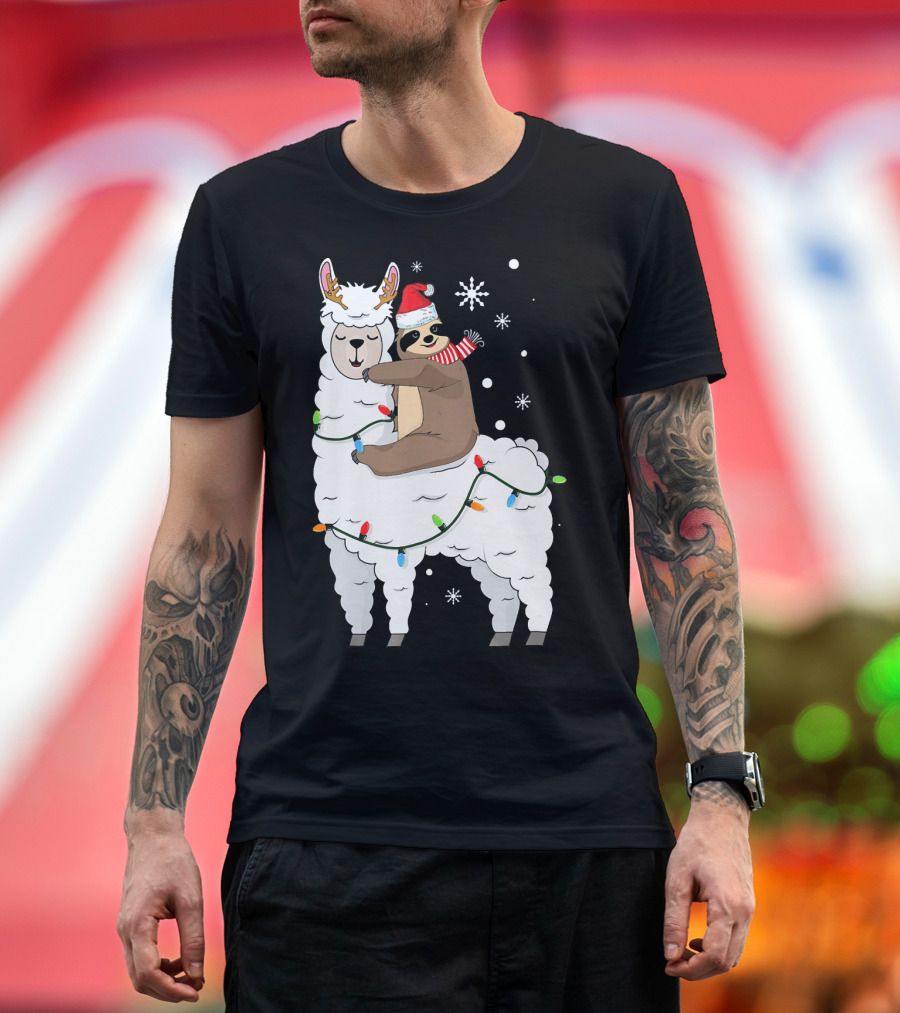 Sloth Riding Llama Cute Christmas Lights Snowflakes Santa Hat T-Shirt