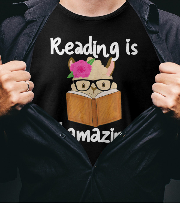 Reading Is Llamazing Llama Face Glasses Flower Book T-Shirt