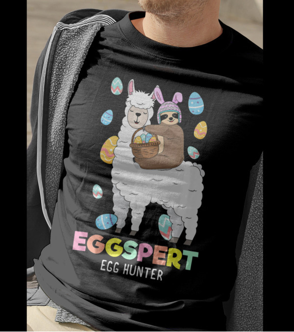 Eggspert Egg Hunter Sloth Riding Llama With Easter Eggs T-Shirt