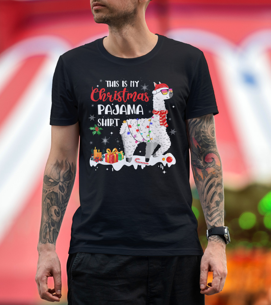 This Is My Christmas Pajama Shirt Llama with Presents and Candy Canes T-Shirt