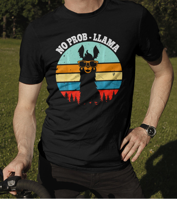 NO PROB LLAMA Retro Vintage Sunset Llama With Sunglasses And Trees T-Shirt