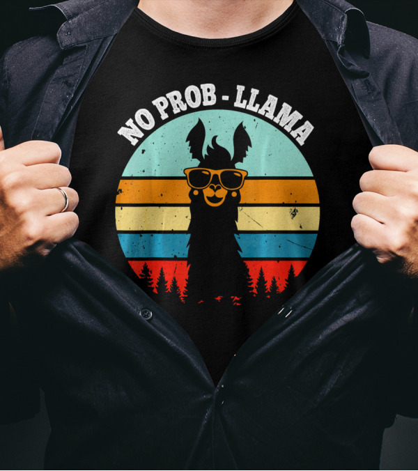 NO PROB LLAMA Retro Vintage Sunset Llama With Sunglasses And Trees T-Shirt