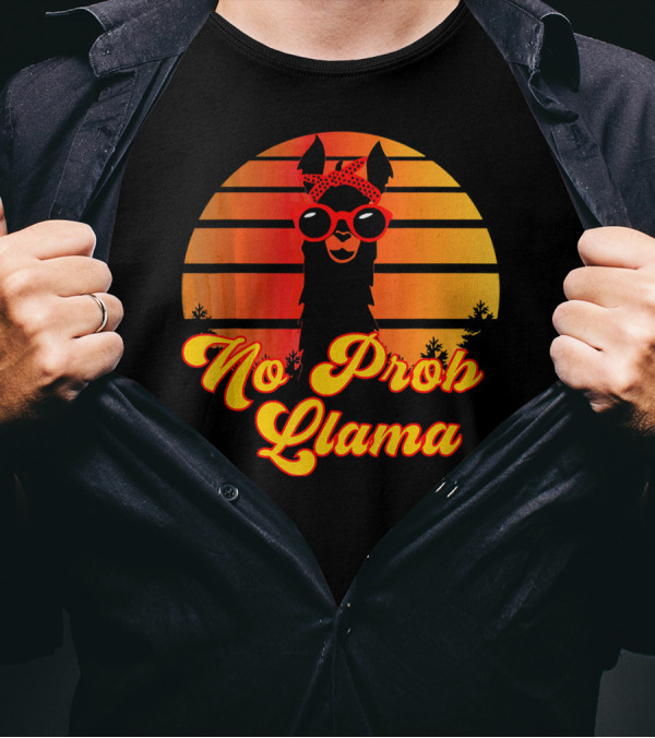 No Prob Llama Retro Cute Funny Llama With Sunset And Sunglasses T-Shirt