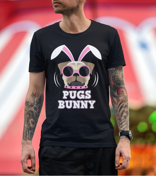 Premium T-Shirt: Pugs Bunny Happy Easter Puggy with Pink Sunglasses and Bunny Ears T-Shirt Pugs Bunny Happy Easter Puggy with Pink Sunglasses and Bunny Ears T-Shirt